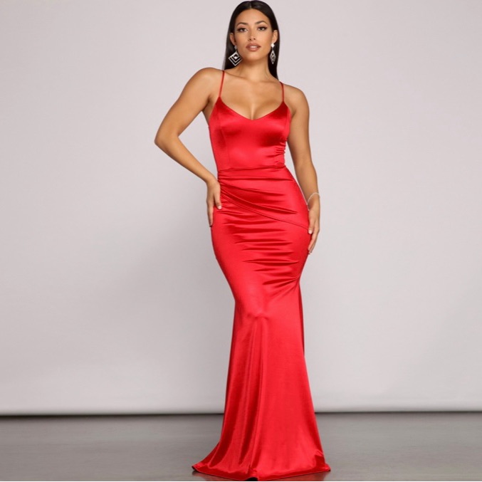 red dress windsor Melinda Satin Lace-Up Formal Red Strapless Dresses For Women